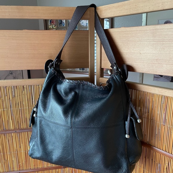 Handbags - Black Hobo Genuine Leather with Lacing Trim